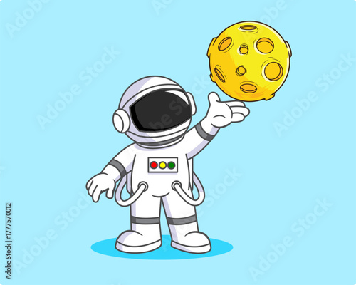Cute Astronaut and Moon on His Hand Vector Illustration Cartoon Design