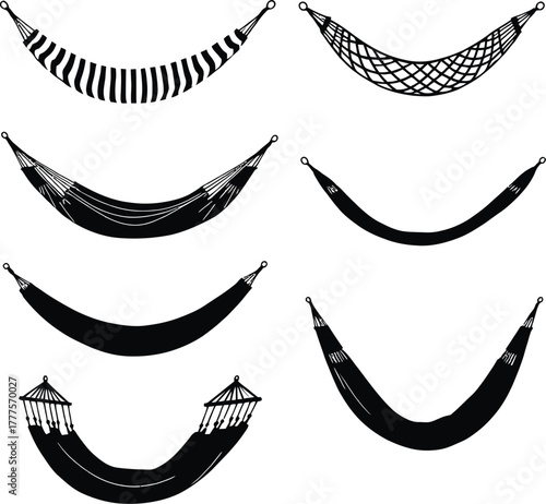 Hammock icon set in black outline style featuring varied designs with spreader bars, netting, curves and fabric loops