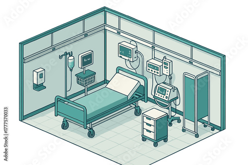 Empty intensive care unit room featuring a patient bed and life support equipment