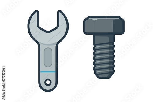 Open end wrench and large threaded bolt representing maintenance and construction equipment