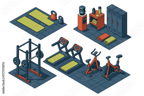 Isometric gym equipment layout featuring treadmills stationary bikes weight rack and lockers