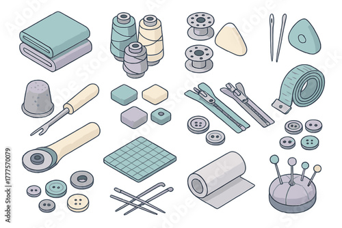 Detailed isometric collection of essential sewing and tailoring supplies and craft equipment