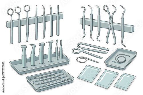 Comprehensive set of professional dental examination and treatment instruments and tools