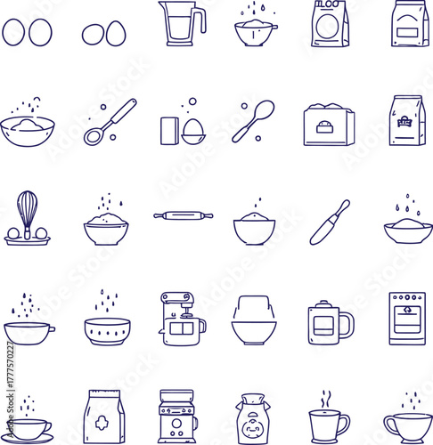 Kitchen and baking icon set in minimal outline style featuring eggs, flour, bowls, whisks, mugs and measuring tools