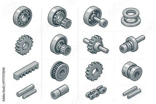 Essential industrial mechanical components set including ball bearings, gears, pulleys, and drive shafts