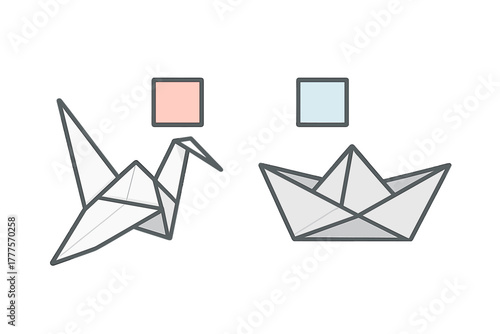 Stylized geometric paper folding art featuring a traditional origami crane and small boat