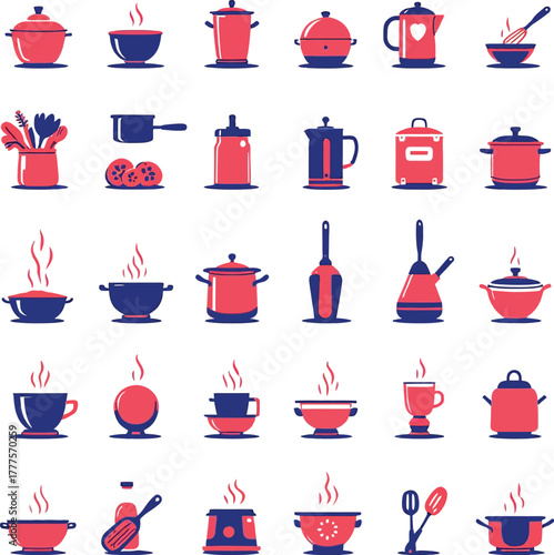 Kitchen utensil icon set in red and blue minimalist style featuring pots, cups, ladles, spatulas and French presses