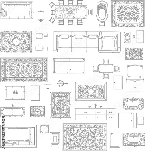 Top-down interior layout icon set in black outline style featuring rugs, bathtubs, sofas, tables and household fixtures