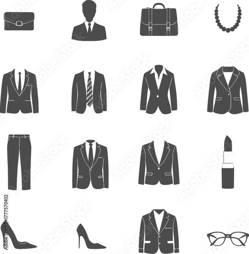 Professional attire and accessory icon set in black outline style featuring suits, blazers, shoes, bags and glasses