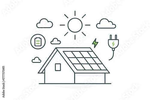 Residential rooftop with photovoltaic panels generating sustainable renewable electricity