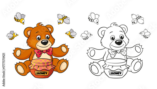 Cute cartoon bear with honey and bees. Black and white vector illustration for coloring book with example in color
