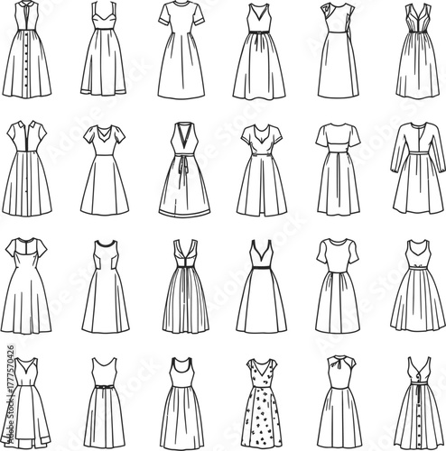 Women’s dress icon set in black outline style featuring varied silhouettes, sleeves, necklines and skirt shapes