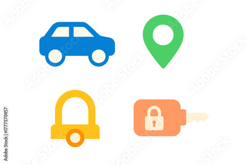 Set of automotive service icons featuring car location security and key symbols