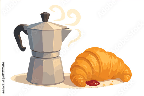 Steaming metal coffee percolator beside a freshly baked golden croissant and sweet berry jam