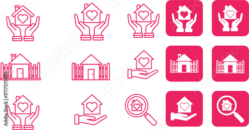 Various house icons with heart and hands in pink and white color scheme