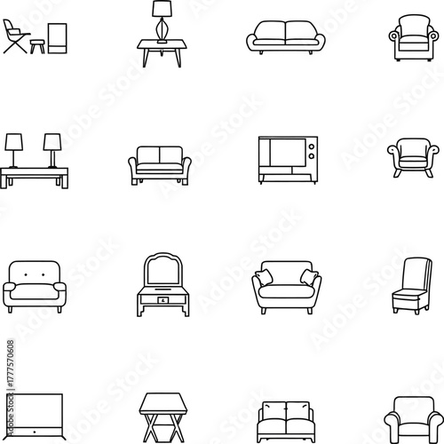 Furniture icon set in black outline style featuring chairs, sofas, tables, lamps and entertainment units for interior design