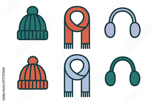 Colorful collection of knitted winter accessories including hats, scarves, and protective earmuffs