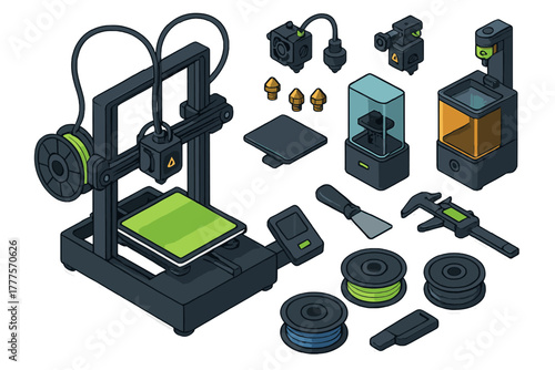 Isometric set of 3D printing equipment, tools, and supplies for additive manufacturing