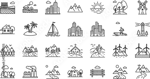 Collection of various landscape and city icons in outline style art