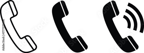 Three phone icons in black and white showing call status illustration