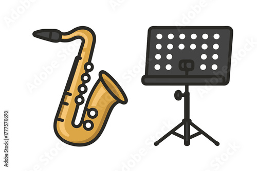 Classic brass saxophone and adjustable metal music stand for performance