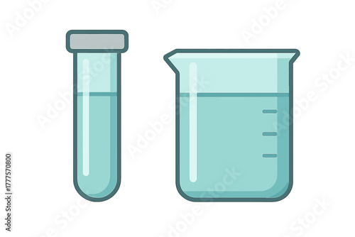 Laboratory glassware set with test tube and beaker containing blue chemical solution
