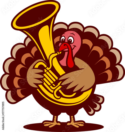 Funny turkey musician vector illustration. Cartoon turkey plays the trumpet. Thanksgiving, fall, autumn music-themed design. Bird with musical instrument graphic. Greeting card, poster
