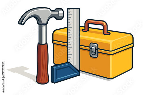 Essential construction tools set including a hammer, square ruler, and yellow metal toolbox