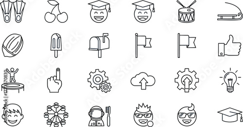 Various icons in blue outline including food and transportation items