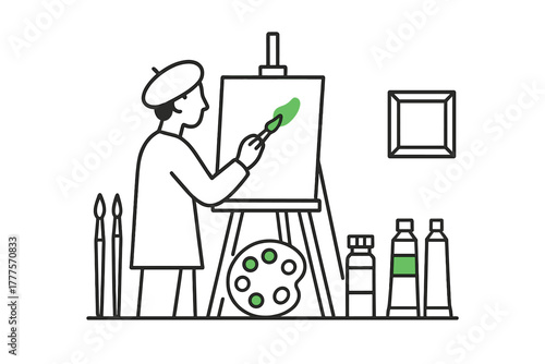 Artist painting on an easel using a brush and palette with art supplies nearby