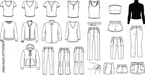 Assorted clothing line drawings featuring shirts pants and outerwear