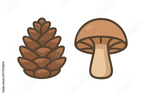 Natural brown pine cone and single wild fungus isolated on clean white background