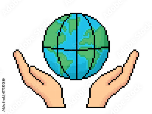Pixel art hands holding Earth icon. Pixelated vector illustration of planet in hands. Save our planet. World Environment day or Earth day concept