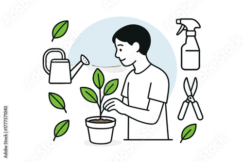 Minimalist outline of a young gardener tending a growing seedling with tools