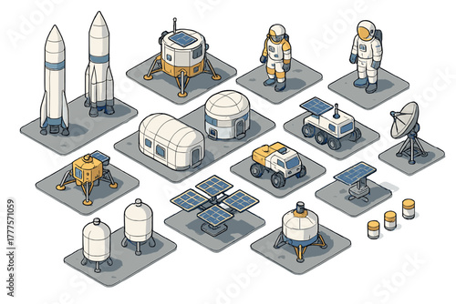 Isometric space exploration and colonization elements set including rockets, habitats, rovers, and astronauts