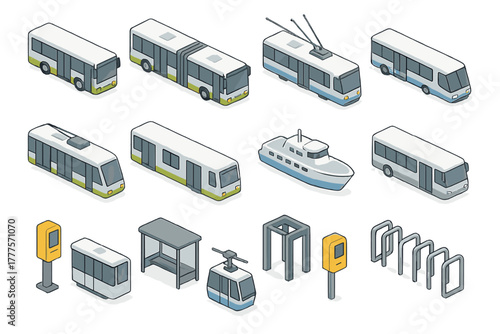 Isometric public transportation vehicles and city infrastructure elements set including bus, tram, subway, and ferry