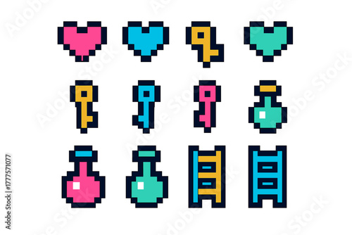 Classic 8-bit style video game assets set featuring hearts, keys, magic potions, and climbing ladders