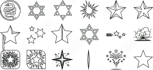 Various green and gray star shapes and a snake symbol on white background