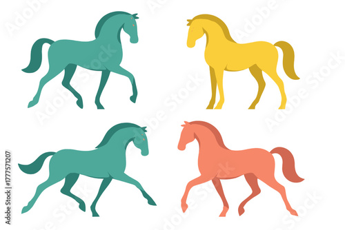 Four abstract horses in motion with vibrant teal, yellow, and coral colors