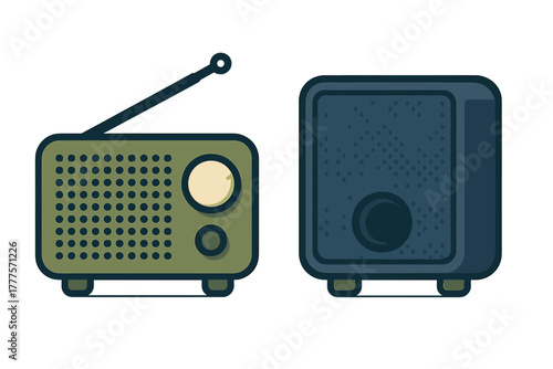 Retro portable radio receiver with telescopic antenna and matching external audio speaker