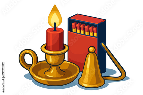 Lit red candle in a golden candlestick holder next to a matchbox and a brass candle snuffer