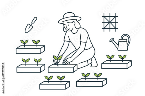 Gardener planting young green sprouts in small raised beds surrounded by gardening tools and equipment