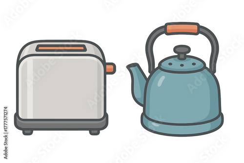 Modern toaster and classic stovetop kettle kitchen appliances set for breakfast