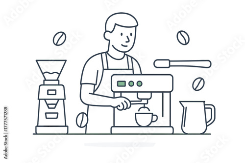 Professional barista operating an espresso machine brewing hot coffee in modern cafe