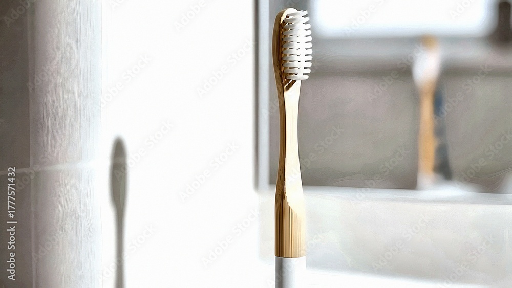 Naklejka premium Bamboo toothbrush stands upright in a bright bathroom, casting a