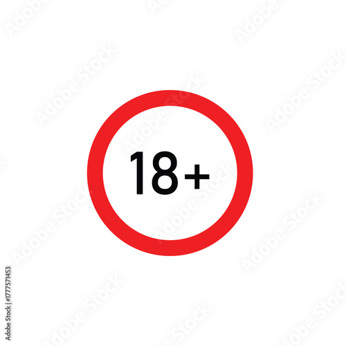 Minimalist red circle with “18+” symbol on a white background, representing age restriction, adult content warning, safety regulation, legal notice, and maturity limit design icon concept.