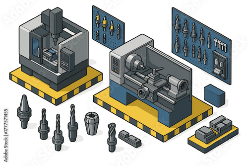 Industrial CNC milling and lathe machines with cutting tools and accessories in isometric view