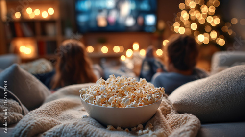 Cozy family movie night scene with a bowl of popcorn in focus, soft blankets, warm candlelight, and a glowing Christmas tree creating a relaxed holiday atmosphere.