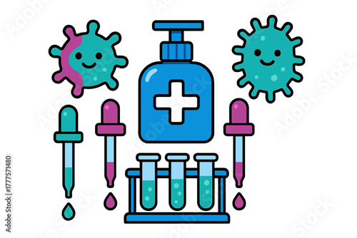 Cartoon hygiene and laboratory equipment set with microbes, sanitizer, test tubes, and pipettes