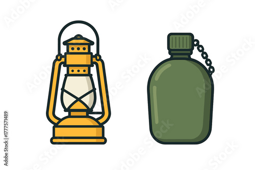 Classic yellow kerosene lantern and green military canteen for outdoor camping and survival